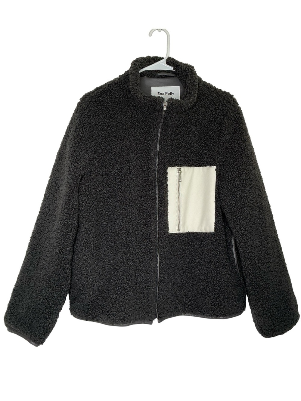 Ena Pelly Black Sherpa Jacket with White Zip Pocket Leather Trim Size 8